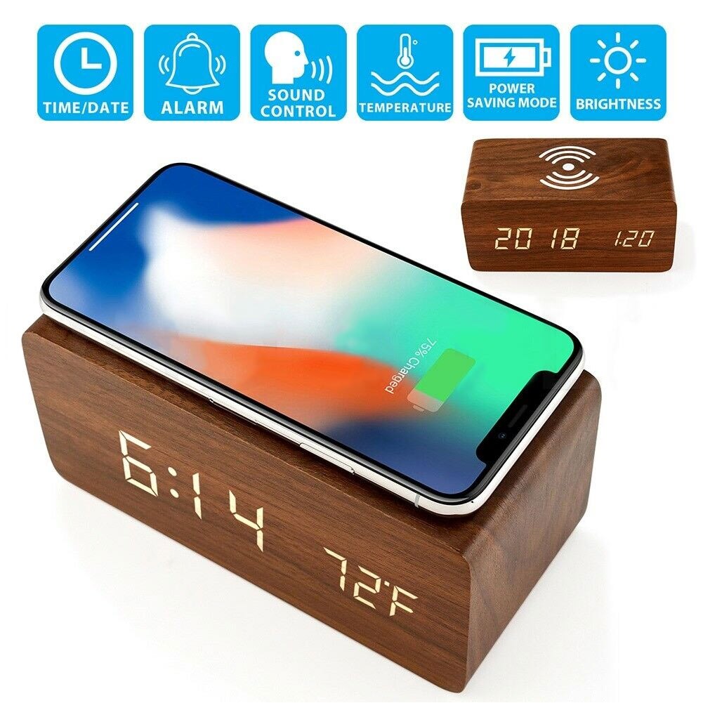 High Wooden Digital LED Desk Alarm Clock Thermometer Qi Wireless Charger LG66: Brown