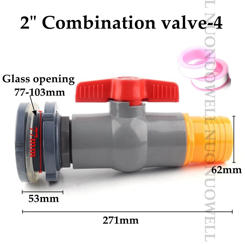 1Set 1/2"1" Combination Valve Aquarium Pagoda Connector Fish Tank Drain Joint Aquarium Hose Drainage Accessories Valve Assembly: 2in vavle 4
