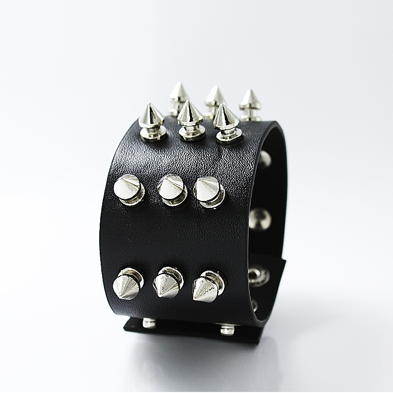 Sangsy Unique 1/2/3 Row Cuspidal Spikes Rivet Stud Wide Cuff Leather Punk Gothic Rock Unisex Bangle Bracelet Men Jewelry