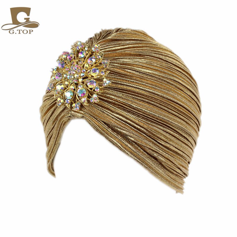 Damer guld sølv diamant juvel turban hatte til kvinder chemo bandana hijab plisseret indian cap turbante hat