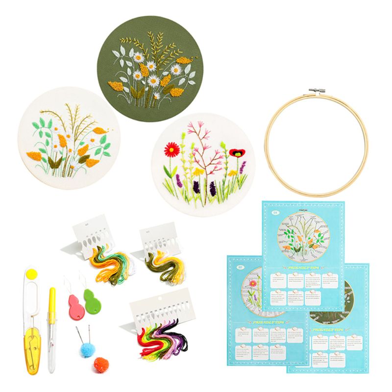 3 Sets Embroidery Starter Kit Cross Stitch Clothes with Floral Patterns Hoops: 5AC203171-1