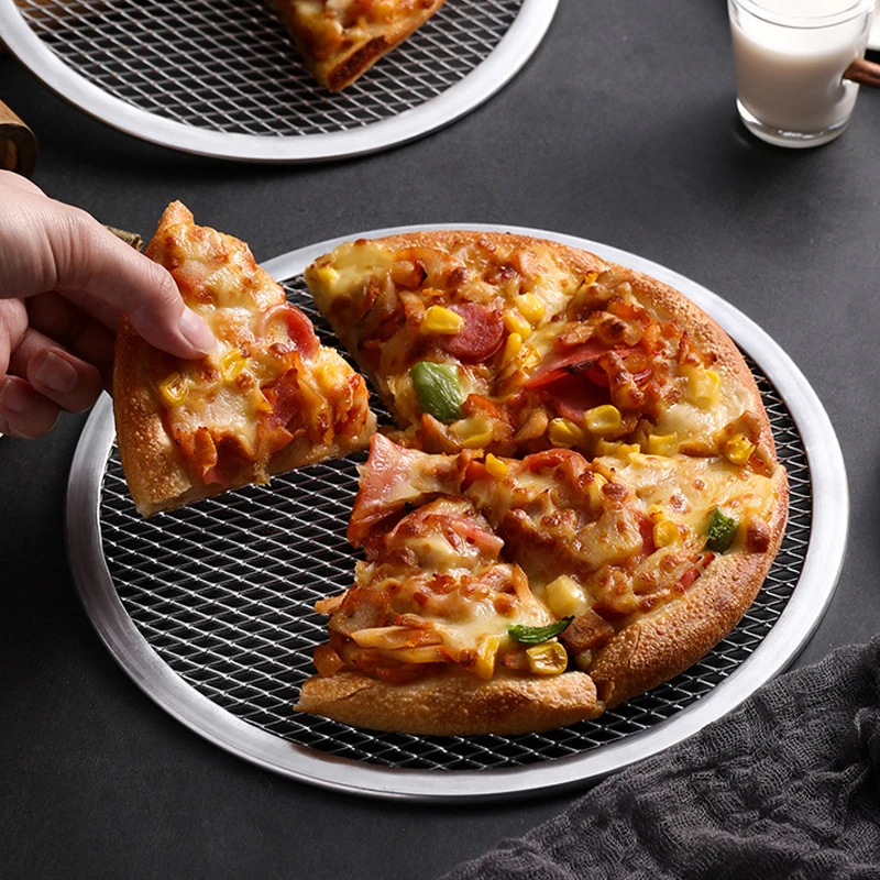 Bandeja redonda para hornear Pizza, pantalla para Pizza DIY, bandeja para hornear, molde antiadherente de red de Metal para horno, pantalla de Pizza de aluminio sin costuras, 8/10/12/14
