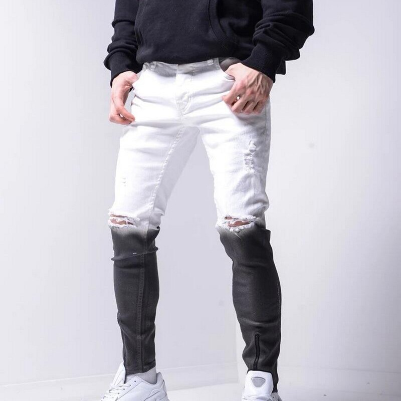 UEFEZO dégradé couleur déchiré jean hommes décontracté coupe étroite jean Slim Homme moteur motard Hip Hop fermeture éclair Denim pantalon pantalon