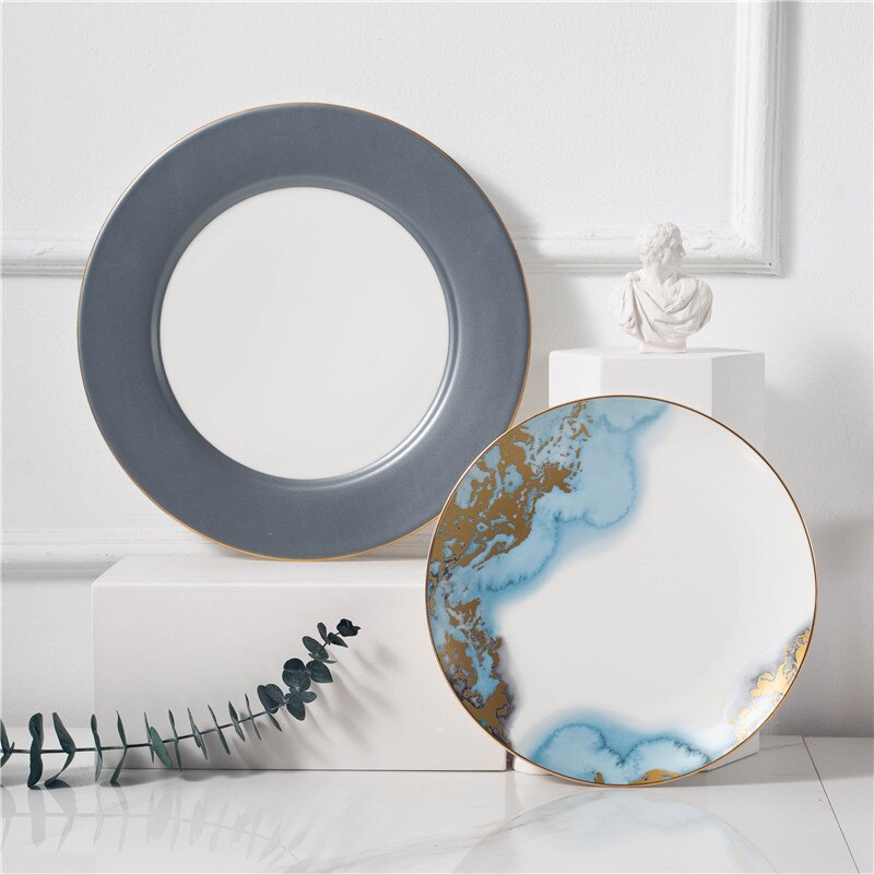 Bone China Sky Blue Gradient Dinner Plate Simple Hand Drawing Phnom Penh Ceramic Plate Light Luxury Sample Room Decoration