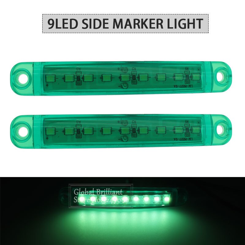 2x Green 9LED Bus Truck Trailer Truck 24V LED Lights Side Marker Light Waterproof LED Light Tail Indicator Parking Light