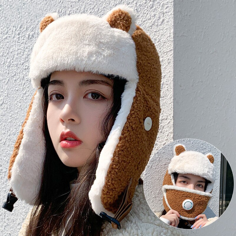 HT3375-gorro ruso de lana de oveja gruesa y cálida con máscara para mujer, gorro de invierno con orejera de esquí, gorra de cazador
