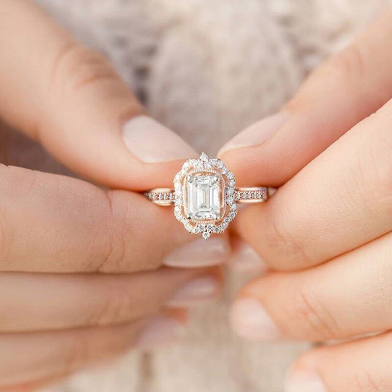 Tisonliz Luxe Vrouwelijke Vierkante Crystal Ringen Rose Goud Kleur Ringen Anniversary Sieraden voor Vrouwen Lady