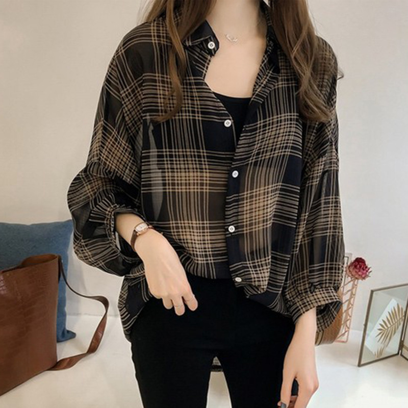 Printemps/été femmes chic lâche grosse sœur chemise à carreaux