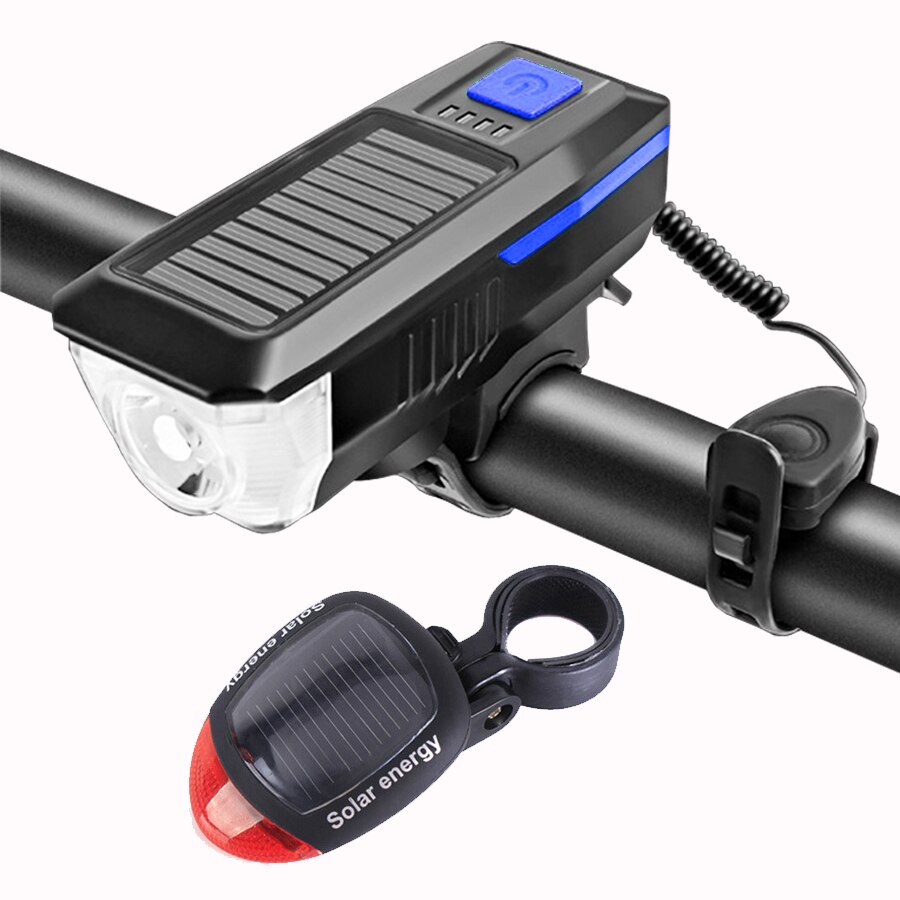 NEWBOLER 350 Lumen Solar Fahrrad Licht Vorne USB Aufladbare LED Fahrrad Lichter Glocke Wasserdicht Radfahren Lampe Scheinwerfer Rücklicht Set: Blue Set