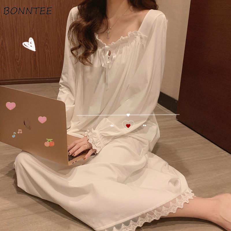 Nachthemden Vrouwen Sleepshirts Lady Losse Plus Size Wit Kant Lange Mouwen Comfortabel Prinses Koreaanse Thuis Kleding Nachtkleding