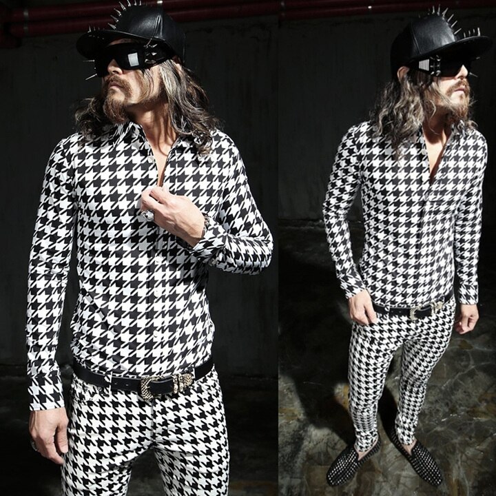 M-xxl! heren gd dj lente heren overhemd wit pied-de-poule slank overhemd met lange mouwen slank podium zanger kostuums kleding