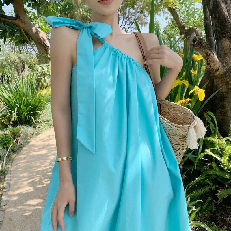Vestido suelto de un hombro para mujer, ropa de vacaciones de Color sólido sin mangas, Espalda descubierta, ropa de diario Harajuku, de verano, S-XL