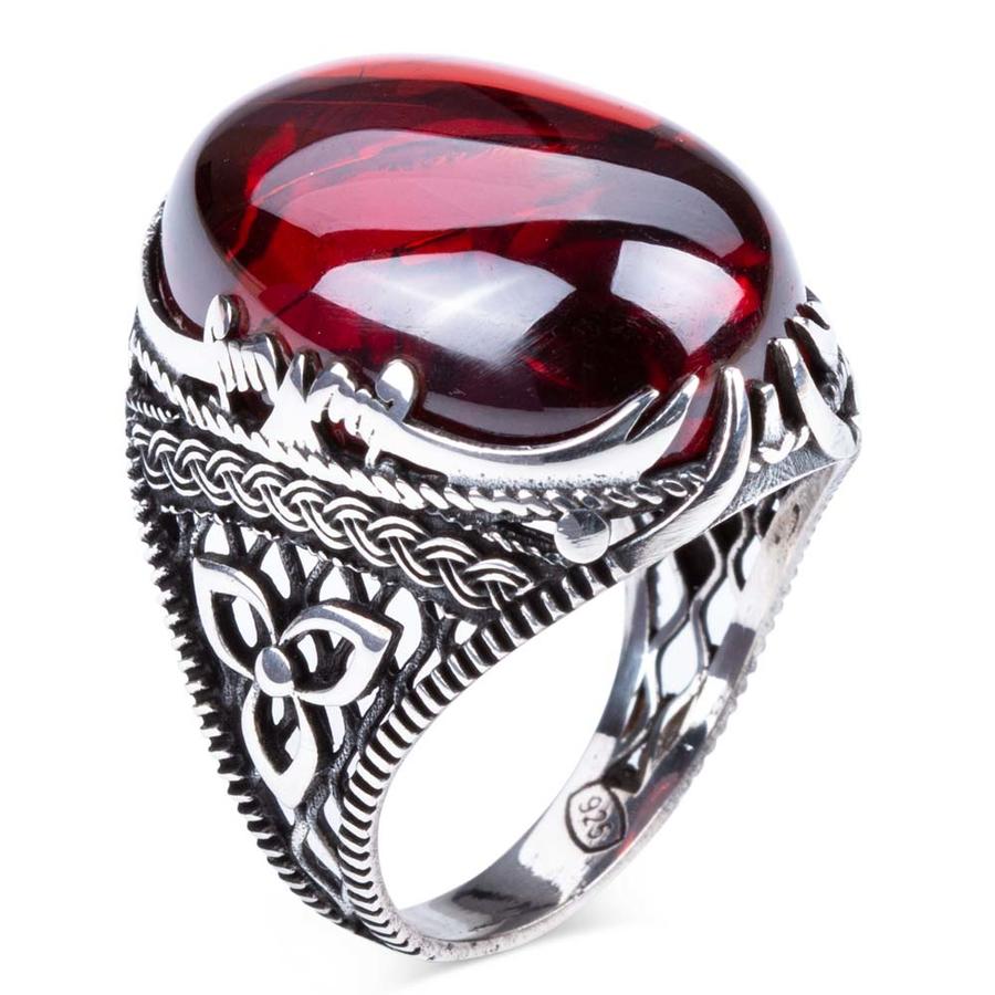 925 Sterling Silver Red Zircon Stone Men's Ring with Zulfiqar Sword Zirconia Ring for Men Silver Ring