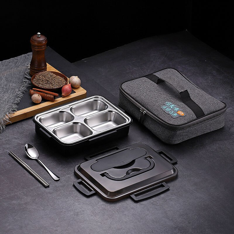 WORTHBUY Japanese Lunch Box For Kids 18/8 Stainless Steel Bento Box With Compartments Tableware Kitchen Food Storage Container: 4 Grid Black And Bag