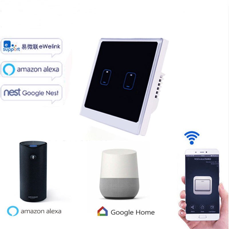 Smart switches eu standard ewelink app fjernbetjening lyskontakt 2 gang smart home wifi væg tryk sensor switch eu stik