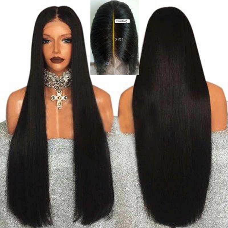 Marquesha 6 Inch Hand Gebonden Zwarte Rechte Synthetische Lace Front Pruik Hittebestendige Diepe Deel Haar Pruiken Met Baby Haar