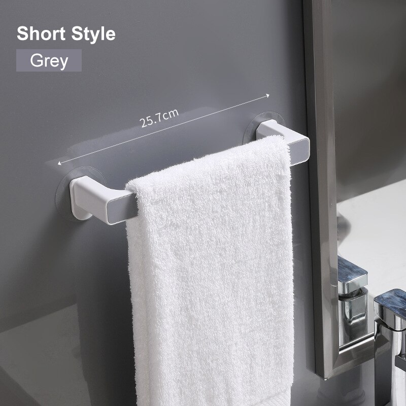 2 størrelse /4 farve plast selvklæbende rack monteret håndklæde bar bøjle hylde hængende krog håndklæde væg holder badeværelse køkken toilet: Grå kort stil