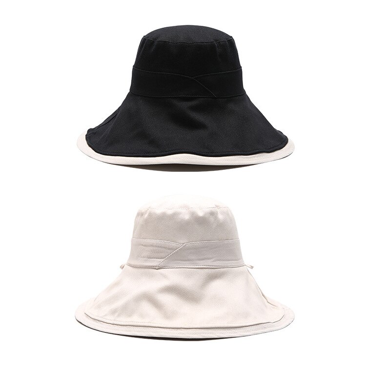 Chapeau bob d'été en coton pour femme, réversible, style panama, pliable, protection uv, pour la plage et le soleil: Noir avec beige