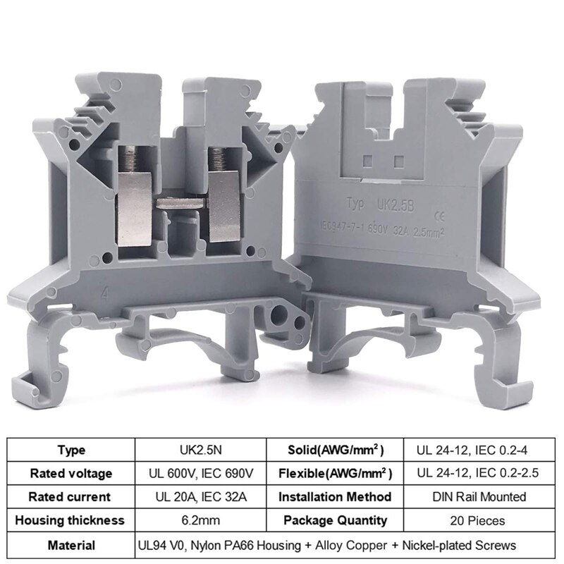 Din Rail Terminal Blocks Kit Uk-2.5N 12 Awg Terminal Blocks Ground Blocks Fixed Bridge Jumpers E/Uk End Brackets Uk-2.5Bg End Co