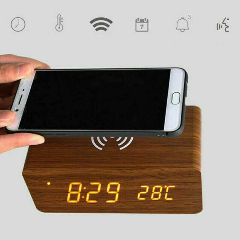 Moderne Thuis Houten Hout Digitale Led Desk Wekker Thermometer Qi Draadloze Oplader Voor Iphone