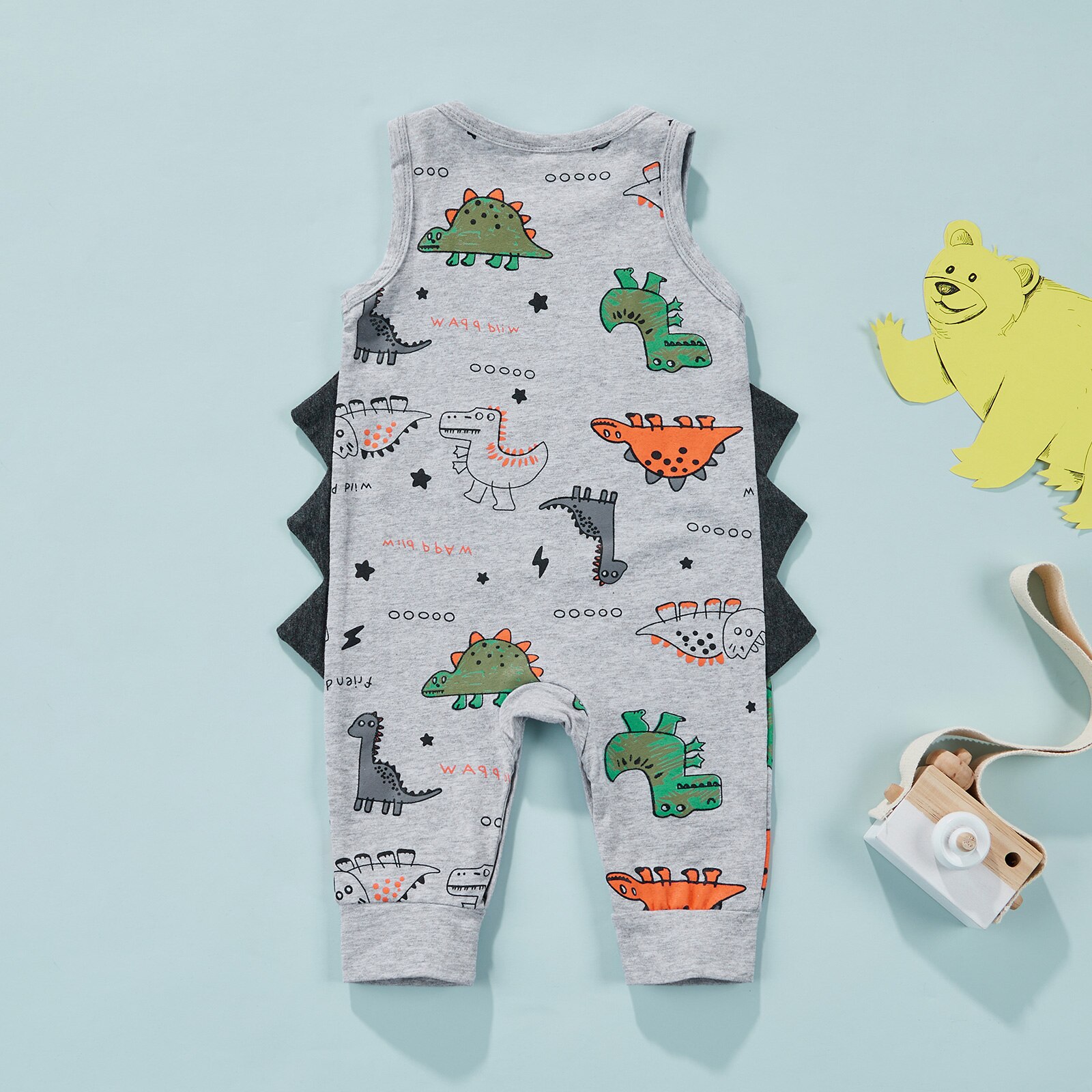 Macacão infantil do dinossauro do menino do bebê, animais dos desenhos animados sem mangas imprimir macacão macacão verão macacões