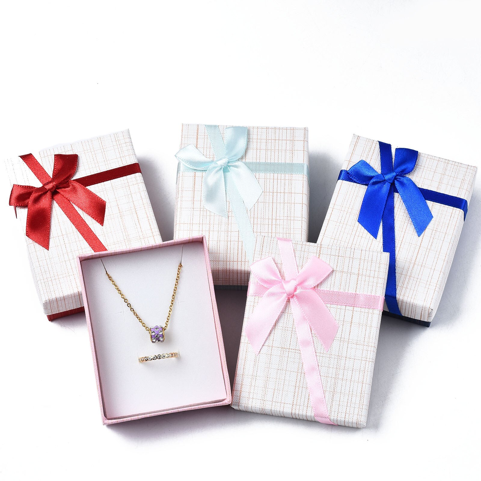 24Pcs Jewelry Boxes Necklaces Ring Earring Box Bowknot Ribbon Packaging Storage Container Organizer with Sponge Mixed Color: Silver