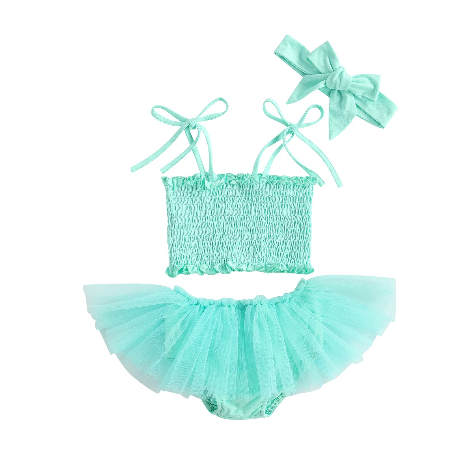 Infant Baby Girls Princess 3pcs Set Lovely Pleated Solid Sleeveless Tie Up Camisole +Mesh Shorts + Hair Band Children Clothes: Green / 18-24 Months