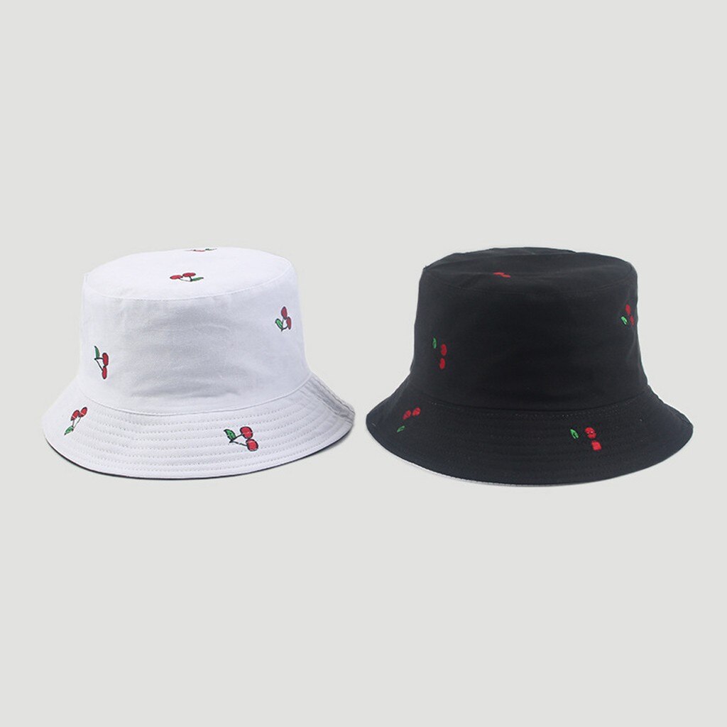 Fruta lindo gorras impresión doble lado plegable pescador gorra de sol Unisex al aire libre del cubo sombreros para las mujeres Bonnet: White