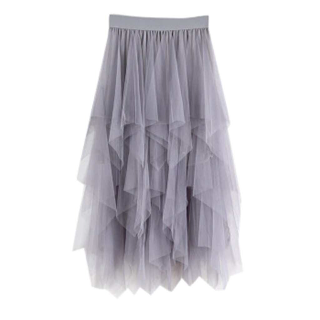 Women irregular Tulle Skirts Elastic High Waist Mesh Tutu Skirt Pleated Long Skirts Midi Skirt Saias Faldas Jupe Femmle*: C