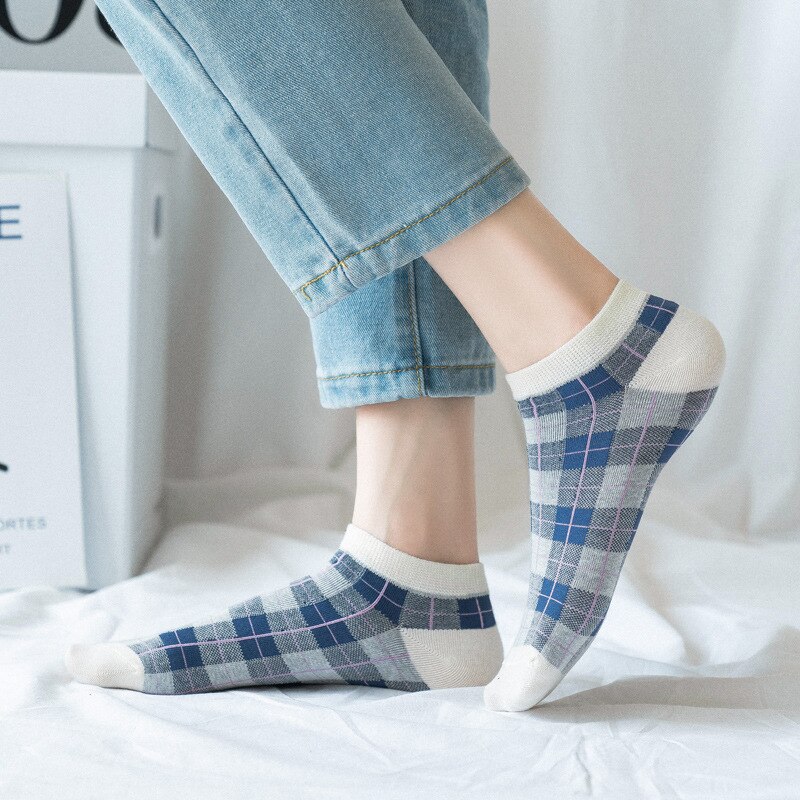 1 paar schattige harajuku-sokken in britse stijl, blauw gestreepte geruite sokken, geometrische katoenen dames, comfortabele zwarte wintersokken
