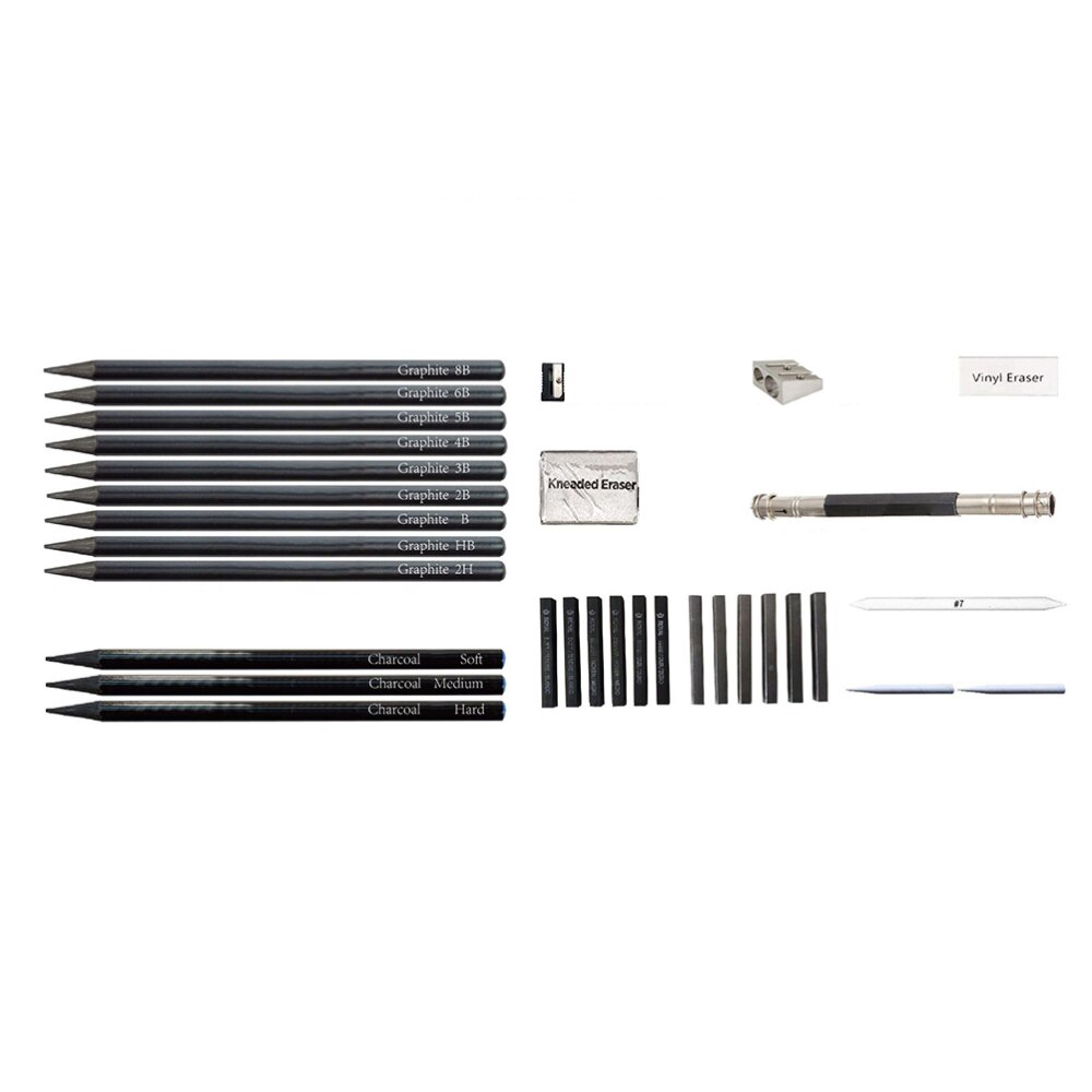 32 Pcs/1 Set Iron Box Sketch Pencil Eraser Kit Sketching Drawing Pencils Tools for Students School (Black)