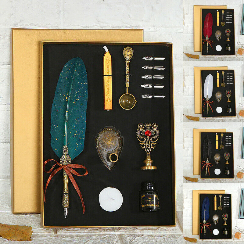 Vintage Antique Feather Quill Pen Set Dip Pen Fountain Pen Collectibles Dip Pen Writing Ink Set Stationery Box
