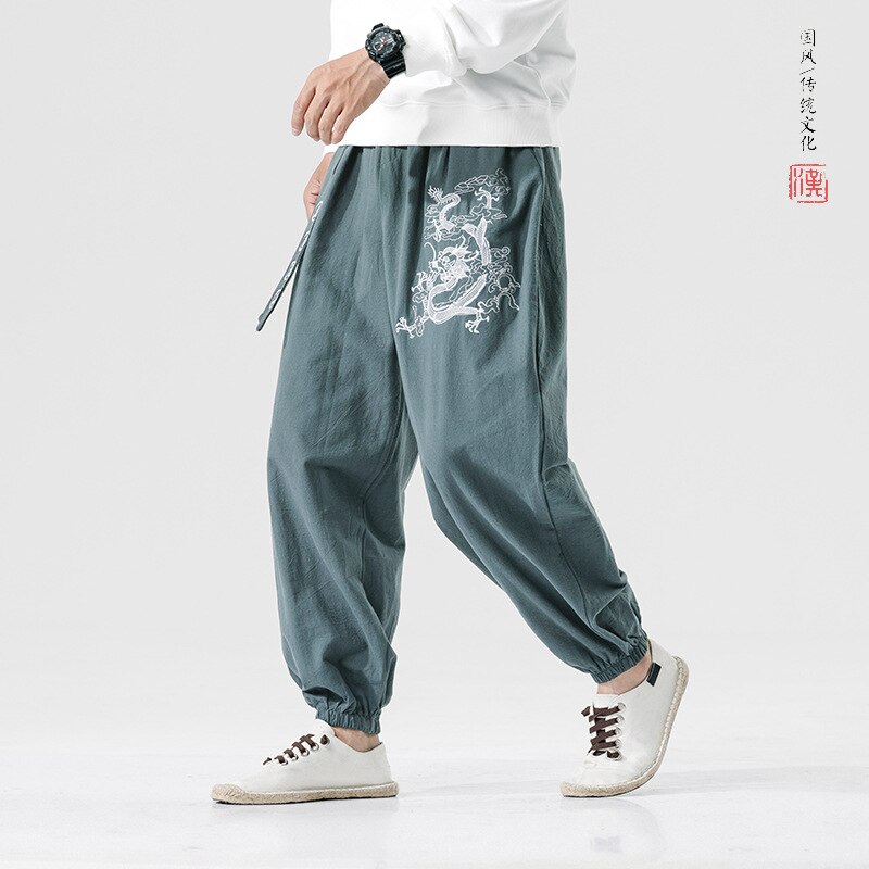 Japanese Casual Kimono Pants Dragon pattern Loose Samurai Print Trouser Japan Men Traditional Asian Costume Yukata Style Cotton