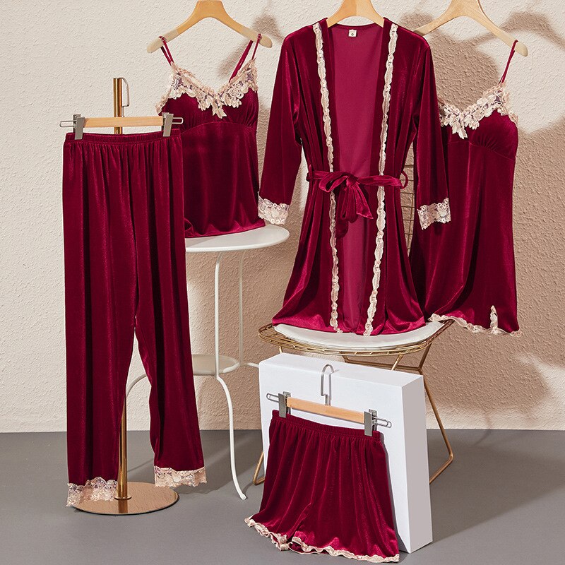 Ensemble pyjama en peluche pour femmes, 5 pièces/ensemble, chemise de nuit chaude, pour la maison, l&#39;hôtel, collection hiver-automne: wind red / M 155-160cm 40-52kg
