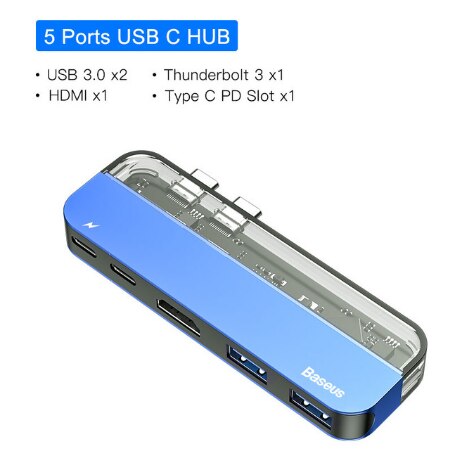 Baseus Thunderbolt 3 Dock USB Type C to HDMI HUB Adapter for MacBook Samsung Dex Galaxy S10/S9 USB-C Converter Thunderbolt HDMI: Blue 5 in 1 USB HUB