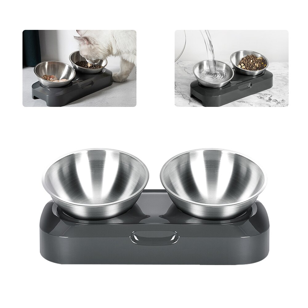 Praktische voerbak voor huisdieren, 0-15 graden verstelbare hoek, roestvrijstalen houder, voerbak voor huisdieren, voergereedschap voor huisdieren: Dubbele kom