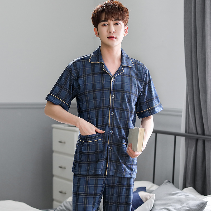 Hel bomulls pijamas för män 2 delar lounge nattkläder pyjamas rutig sommar sänglinne hem kläder man pjs big yards pyjamas set