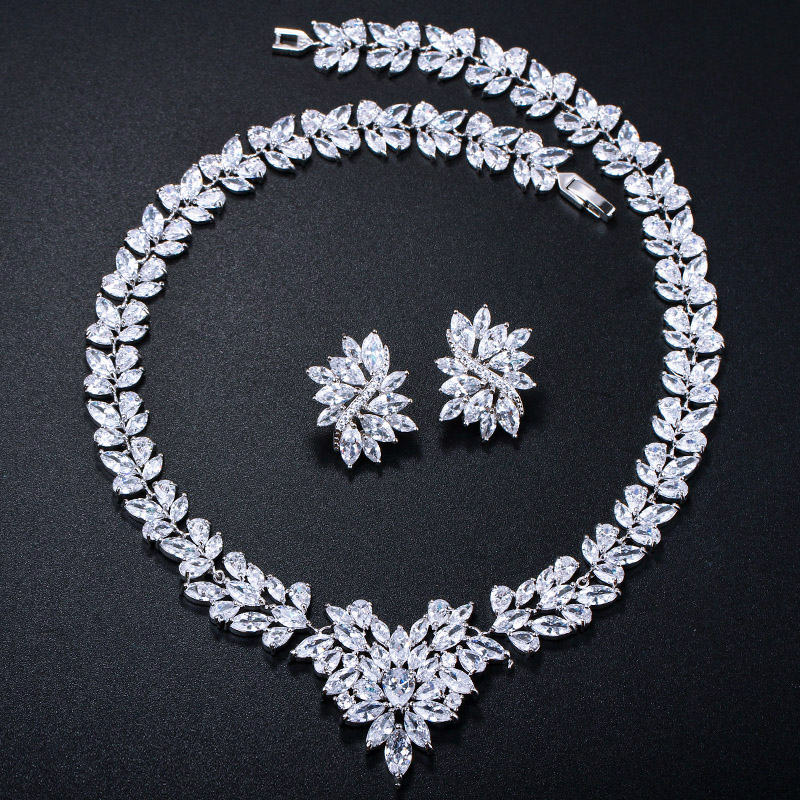 Threegraces Nigeriaanse Vrouwen Leaf Vorm Kubieke Zirkonia Steen Grote Bruids Ketting Oorbellen Sieraden Set Voor Trouwjurk JS047