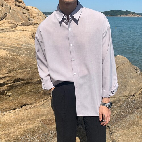 Autumn Solid Lapel Loose Shirt Men Korean Long-sleeved Single-breasted Slim Men's Shirt: Gray / XXL