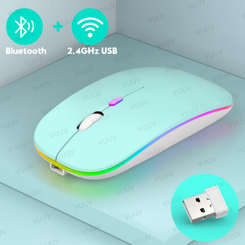 Bluetooth Wireless Mouse For Computer PC Laptop iPad Tablet MacBook With RGB Backlight Ergonomic Silent Rechargeable USB Mouse: Light Green