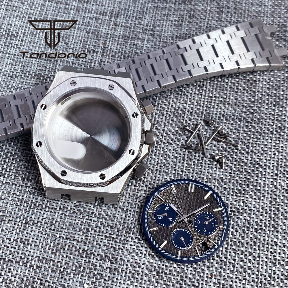 Roestvrijstalen Geborsteld 42Mm Horlogekast Armband Achtkant Bezel Saffier Crystal Fit Vk63 Vk64 Chronograaf Quartz Uurwerk: Mint