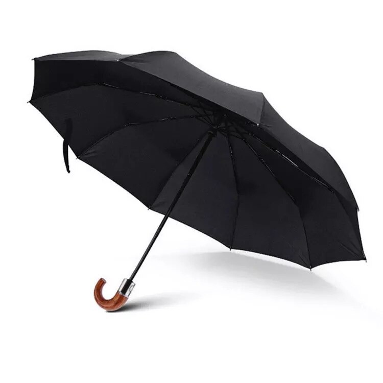 Automatic Umbrella Leather Imitation Wooden Handle Ten Bones Large Men's Business Pure Black Automatic Three Folding Umbrella