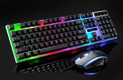Kleurrijke led verlichte usb bekabelde pc regenboog gaming toetsenbord muis set gamer gaming muis en toetsenbord kit thuiskantoor: Zwart