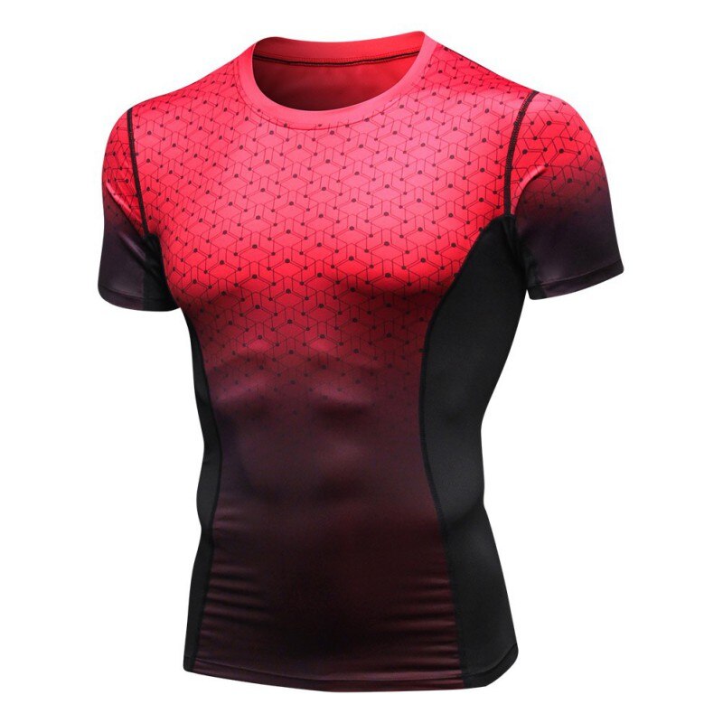 Mannen PRO Fitness Korte Mouw Print Gradiënt Sport Running High Velocity Droog Drogen T-Shirt Strakke Mouw: Rood / L