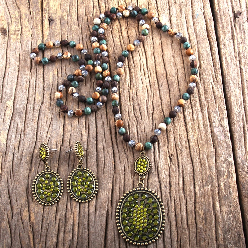 RH Boho Schmuck Set Semi Kostbare Stein & Glas Verknotet Pflastern Kristall Anhänger Halskette Ohrring Set Frauen