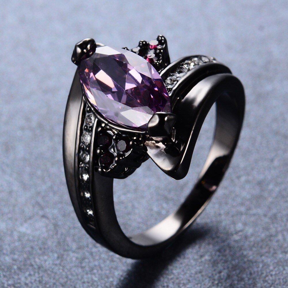 Jóias roxo do Olho do Cavalo Roxo Zircon Anéis Para Mulheres Black Gold Filled Mulheres Festa de Casamento Engagement Promise Ring RB0585