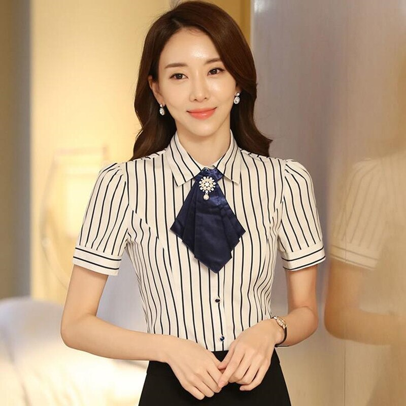 elegante fliege Frauen hemd OL Sommer formale kurzarm dünne Chiffon-streifen bluse büro damen Plus größe arbeiten Spitzen: Weiß Streifen / S