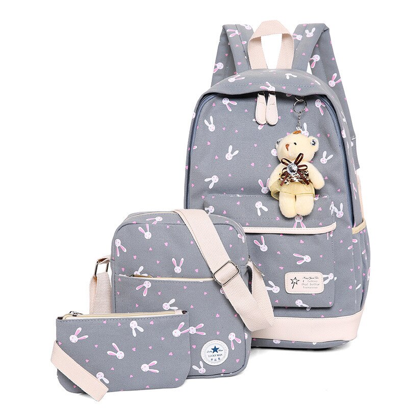 3Pcs/set Women Backpack School Bags Rabbit print Laptop Backpacks With Bear for Teenagers Girls Travel Bag Rucksacks Mochila: Gray