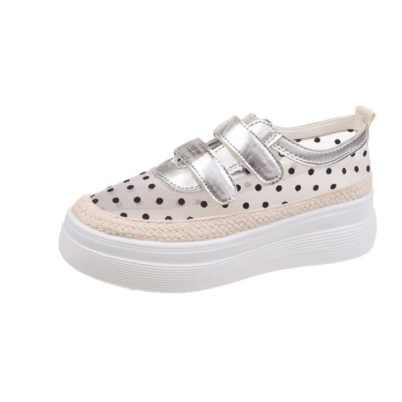 Mocasines plateados de lunares transpirables para mujer, calzado elevado de cáñamo con malla de aire y cierre de velcro,