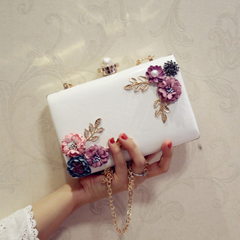 Women Leather Evening Bag Dinner Party Lady Wedding Flower Clutch Purse(white)